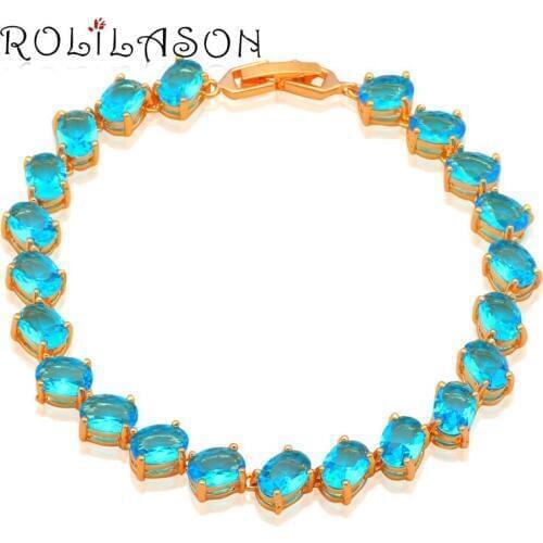 ROLILASON Appealing Sky Blue Crystal zircon golden bracelet Fashion jewelry Wedding items romantic choice TB848