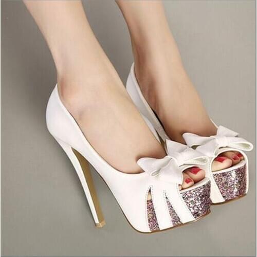 SHOFOO shoes,Fashion womens shoes, satin cloth , about 4.5cm platform, 14.5cm high heel shoes, peep toe womens shoes