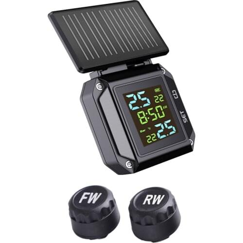 Tire Pressure Monitoring System for Motorcycles 7 Alarm Modes Solar Wireless Charging Waterproof with 2 External Sensors TPMS