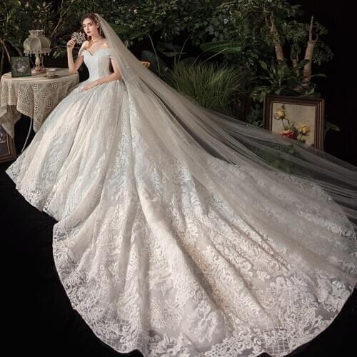 Wedding Dress 2021 Vestido De Noiva Elegant Boat Neck Wedding Gown With Train Princess Luxury Lace Robe De Mariee