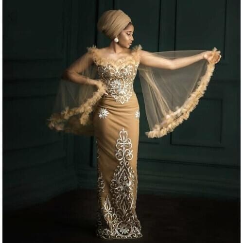 Champagne Aso Ebi South African Evening Dresses Sheath Sweetheart Appliques Nigeria Saudi Arabic Evening Gown Prom Dress