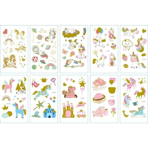 10pc Waterproof Temporary Tattoo Sticker For Kids Girl Bronzing Cute Unicorn Tatto Fake Tattoo Castle Transfer Tattoos Art Tatoo