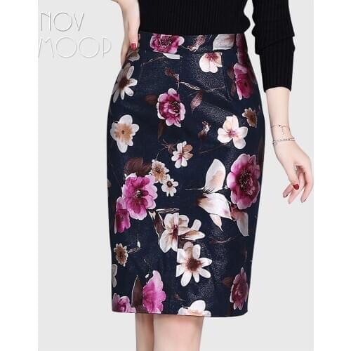 Novmoop genuine leather women pensil skirt printed sheepskin flora pattern French elegant style Jupe crayon en cuir LT3410