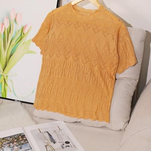 2021Summer Womens T-shirt Short Sleeve Sweater Slim Knitted Blouse Sweatshirt Breathable Sexy Female Round Neck Womens Top