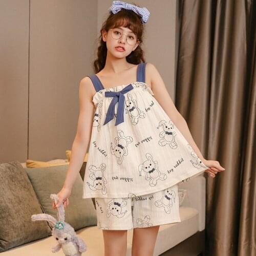 Womens pajamas cute cartoon print womens pajamas set sweet casual shorts suspender two piece set summer pajamas