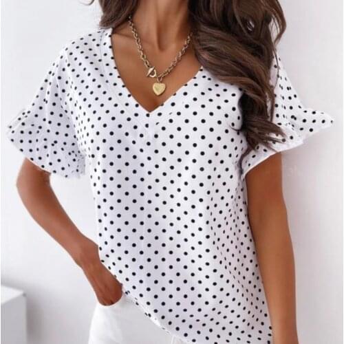 40# Polka Dot Ruffle Elegant blouse Women Vintage Office Lady Formal Tops Summer V-neck Petal Sleeves Shirts blusas y camisas