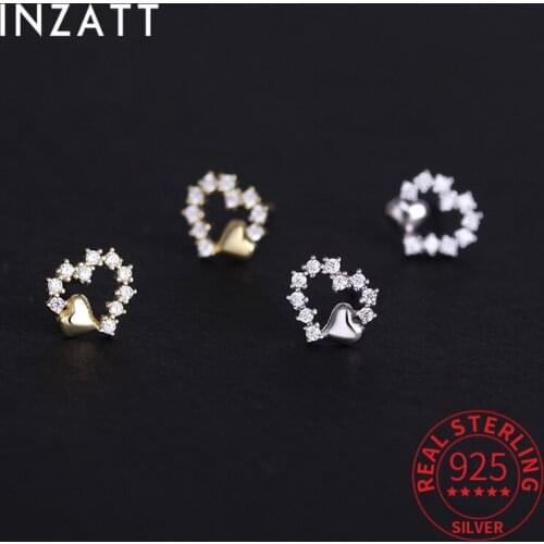 INZATT Real 925 Sterling Silver Zircon Heart 14K Gold Stud Earrings For Women Bohemian Fine Jewelry Accessories Drop Shipping