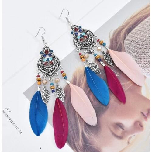 Women Feather EarringsBohemian Metal Leaf Shape Silver Metal Hollow Carved Flower Drop Dangle Earrings