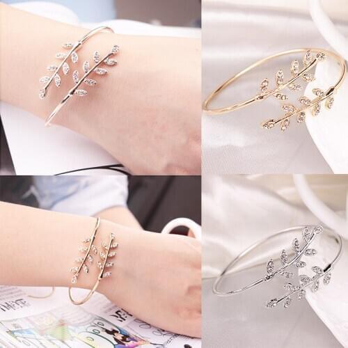 Golden Leaf Bracelet Opening Adjustable Bangles Rhinestones Jewelry 1PC Fine Leaf Bracelet Women Party Tension Setting Crystal