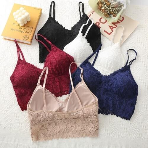 Linbaiway French Style Womens Lace Bra Seamless Deep V Wire Free Bra Triangle Cup Underwear Sexy Female Soft Brassiere