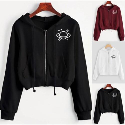 Women Long Sleeve Zipper Pullover Sexy Sweatshirt Hooded Splicing Casual Top Planet Printing Lovely Girl All-match Sweatshirt
