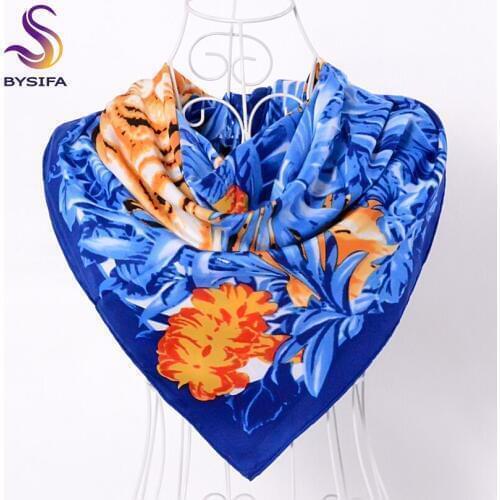 [BYSIFA] Blue And Brown Women Silk Scarf Shawl Wraps 90*90cm Female Autumn Winter Large Square Scarves Turkey Headscarf Echarpe