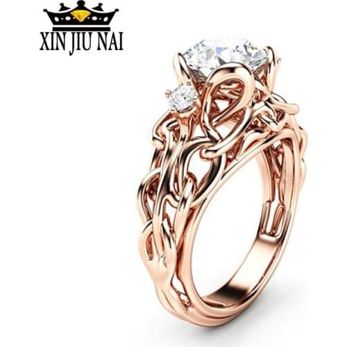 Plant Line Hollow Rose Gold Cubic Zirconia Engagement Ring For Female Fashion Popular Rhinestone Wedding Rings For Women Jewelry