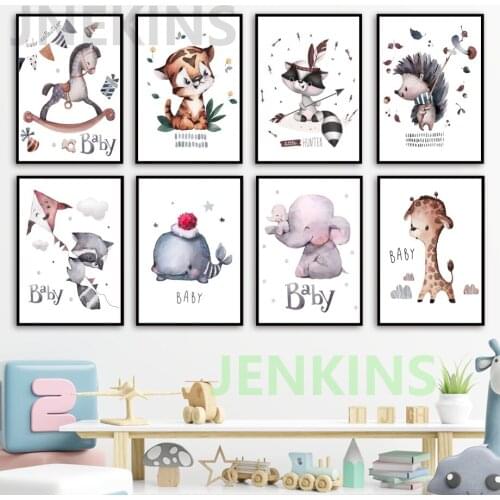 Giraffe Elephant Zebra Whale Nordic Cartoon Animal Picture Nursery Kids Room Art Home Wall Decor Quality Canvas Painting Poster