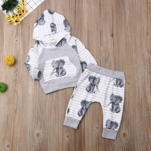 Baby Spring Autumn Clothing Infant Baby Girl Boys 2020 Long Sleeve Clothes Sets Elephant Animal Hooded Tops Shirts +Pants 2pcs