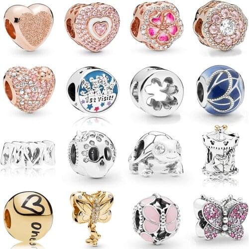 2019 NEW 100% 925 Sterling Silver Rose Gold Heart Shaped Flower Butterfly Clear CZ Charm Fit European Diy Bracelet Original Gift