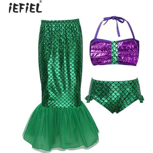 3Pcs Kids Girls Sequins Mermaid Swimwear Costumes Halter Tops with Bottoms Fishtail Skirt Bikini Swimsuit Bathing Suit Dress Up