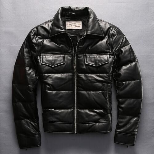 AVFLY 2020 New Men Black Sheepskin Genuine Leather Down Jacket Casual Sheepskin Thick Down Jackets Winter Russia Coats