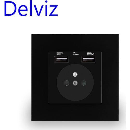 Delviz With usb French standard Outlet,16A Wall Power Socket for France, 86mm*86mm Black Panel, 2A Dual USB Charging Jack Socket
