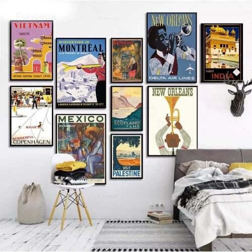 Famous City Travel Poster Cartoon Mexico Montreal New Orleans Landscape Canvas Painting Wall Art Pictures for Living Room Decor
