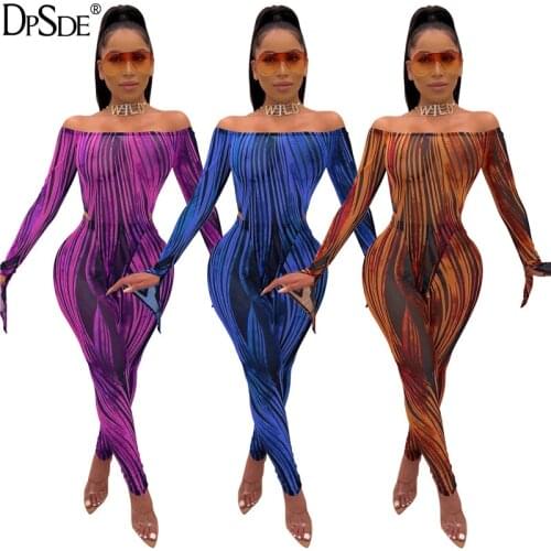 DPSDE Stripe Bule Women Two Pieces Pants Sets Full Sleeve Off Shoulder Bodycon Casual Top Autumn New 2020 Tight Sexy Long Pants