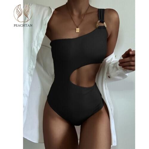 Peachtan One-shoulder swimsuit women Sexy solid one-piece suit High cut monokini Hollow swimwear female Bathing suit Bodysuit