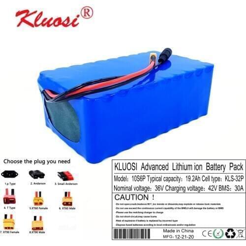 KLUOSI 10S6P 36V 19.2Ah 20A 36V Battery 1000W with 30A BMS 37V Lithium Battery Pack for Ebike Electric Car Bicycle Motor Scooter