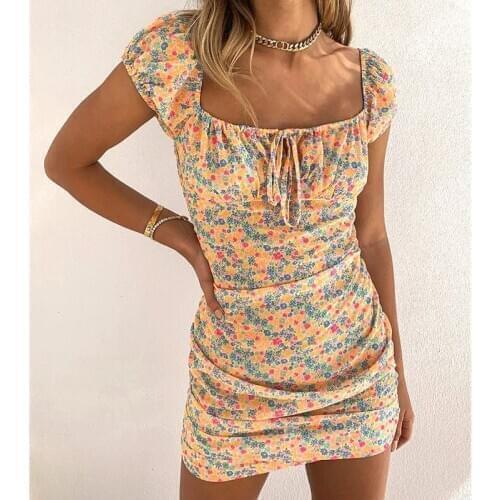 Hirigin Summer Sweet Floral Mini Bodycon Dress Women Short Pencil Dress Fashion Lady Puff Sleeve Square Collar Lace-up Dresses