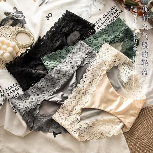 Fashion Luxury Satin Lace Underwear Womens Panties Sexy Breathable Hollow Transparent Mesh Cotton Crotch Low Waist Briefs