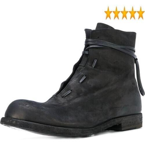 Up Fashion Lace Brand New Round Toe Mens Scrub Cowhide Boots British Street High Top Genuine Leather Breathable Chaussure Homme