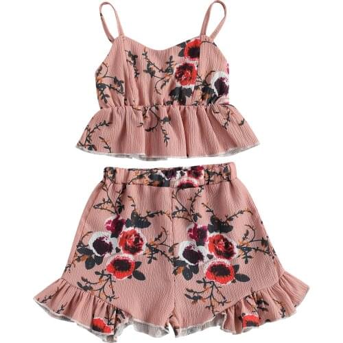 2-7Years 2 Pcs Toddler Flower Print Outfits, Girls Sleeveless Spaghetti Strap V-neck Tank Top + Ruffle Shorts