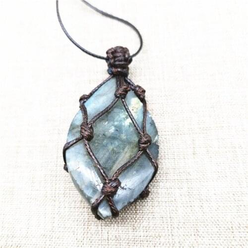 Natural Crystal Elongated Stone with Shape Water Drop Retro Net Pocket Pendant Moonstone