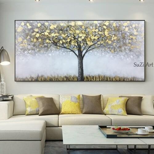 New Rich Tree Golden Hand Painting Restaurant Mural Large Gold Abstract Painting 1 Pieces Art Pictures Home Decor Unframe