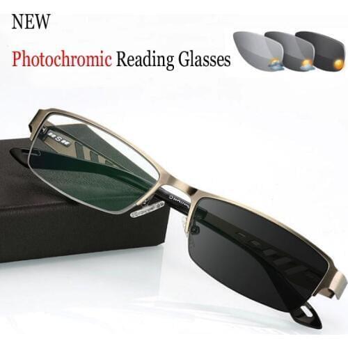 Outdoor Photochromic Reading Glasses Men High Quality Alloy Sunglasses Chameleon Lens Presbyopic Glasses Metal Frame Diopter 150