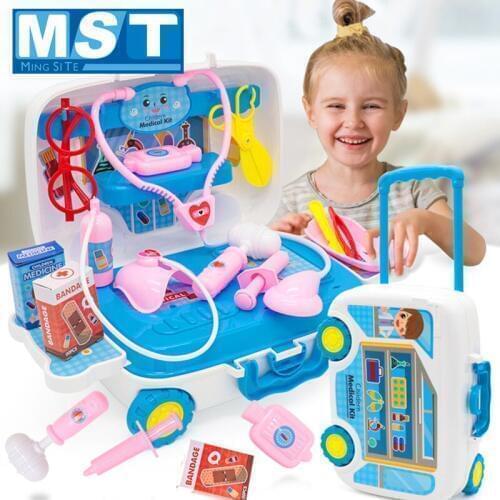 Portable Medical Pretend Play Kitchen Toy Set Tableware Trolley Suitcase Doctor Game Toys Medicine Box Travel Case For Children