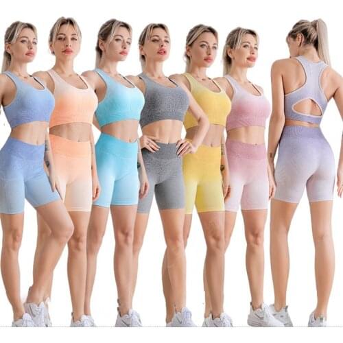 Professional Fitness Body Building Exercise Set Women Summer Quick Dry Running Training Yoga High Elastic Tight Two Piece Suit