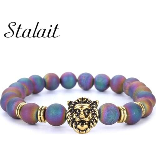 8mm Multicolored Charm Bead Bracelets Black Healing Balance Lion Face Bracelet Prayer Yoga Bracelet