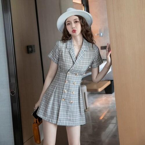 Summer Dress Suit Elegant Vintage Grey Plaid Women Dresses Office Bodycon Bandage Mini Aline Sundress Party Sexy Korean Clothes