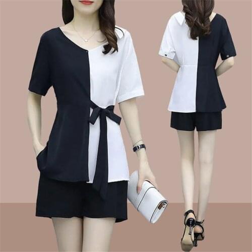 Two Pieces Set Tracksuit Women Patch Tops and Short Pant Suits Summer with belt T-Shirts Shorts Trousers Female Outfits Causal