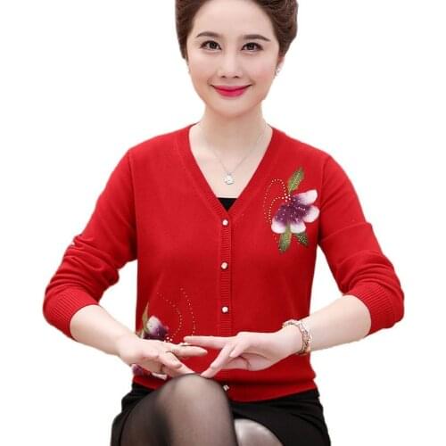 Middle-aged Womens Embroidered Sweaters Plus Size 4XL Long Sleeves Loose Casual Knitted Cardigan Sweater Feminino Tops W2078