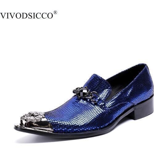 VIVODSICCO Fashion Italian Office Men Dress Shoes Blue Patent Leather Men Shoes Party Wedding Slip on Metal Toes Men Flat Loafer