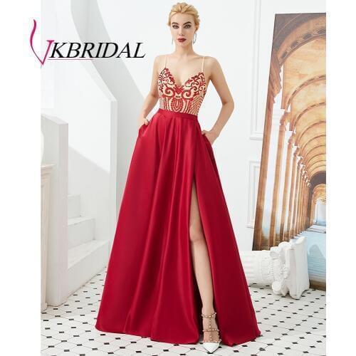 VKbridal 100% Real Picture Sequin Lace Backless Evening Dress Sexy High Slit Homecoming Party Gowns Prom Dresses Long 2019