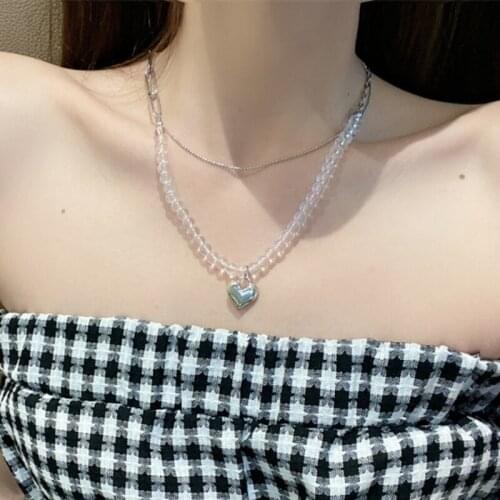 VSnow Double Layer Stainless Steel Love Heart Resin Round Beaded Pendant Necklace for Women Chunky Curb Chain Necklace Jewellery