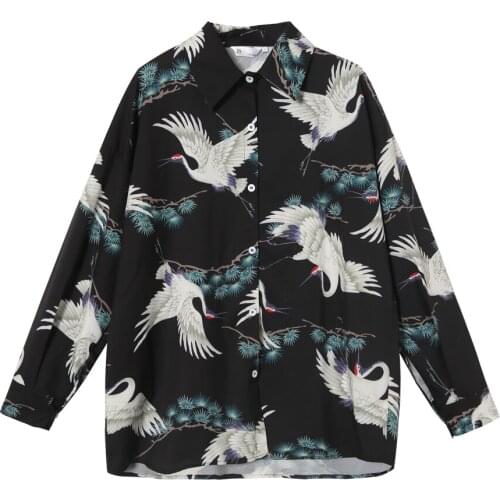 2021 chinese style shirt female design sense new style spring and autumn crane printing fashion thin top daily blouse fashion
