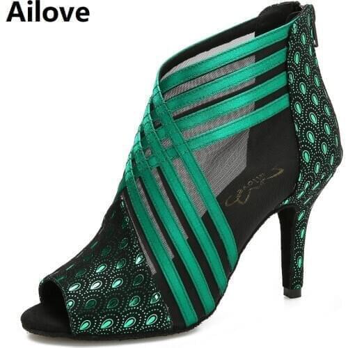 Womens Social Dance boots Ballroom Latin Tango Salsa Swing Performance Shoes in Peacock Feather Texture Satin and Mesh ALS051
