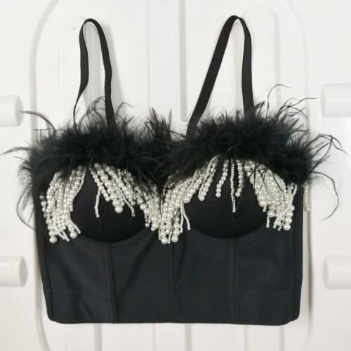 2021 New Female Short Camisole Top Feather Pearl Tassel Crop Top Bustier Bra Night Club Party Sexy Tank Tops Y742