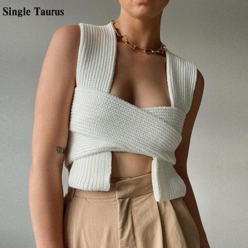 Female Bow Cross Strap Knitted Sweater 2021 Summer Sleeveless Vest Women Sexy Crop Top DIY Tie Clothing Jumper Bandage Sweater