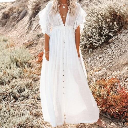 White Cover-ups Bikini Cover up Women Long Maxi Dress Solid V neck Ladies Holiday Dress Robe Plage Tunic Women Beachwear