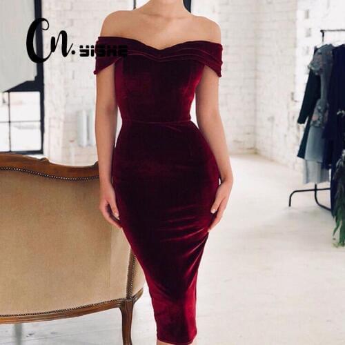 CNYISHE 2021 Velvet Off the Shoulder Party Dress Women Fashion Sexy Slim Bodycon Slash Neck Dress Women Velvet Dresses Vestidos