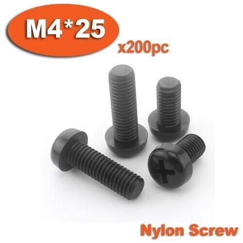 200pcs DIN7985 M4 x 25 Black Plastic Nylon Pan Head Phillips Screw Cross Recessed Raised Cheese Head Screws